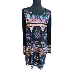 Mon Ami Blk Multicolor Sequin Geo Tunic Jersey Dress L/S M Evening Wear Cocktail